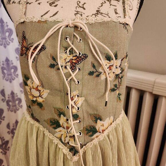 Cider Green Floral Tapestry Butterfly Corset Dress, Flowy Skirt, Fairycore Sz L - Picture 6 of 13